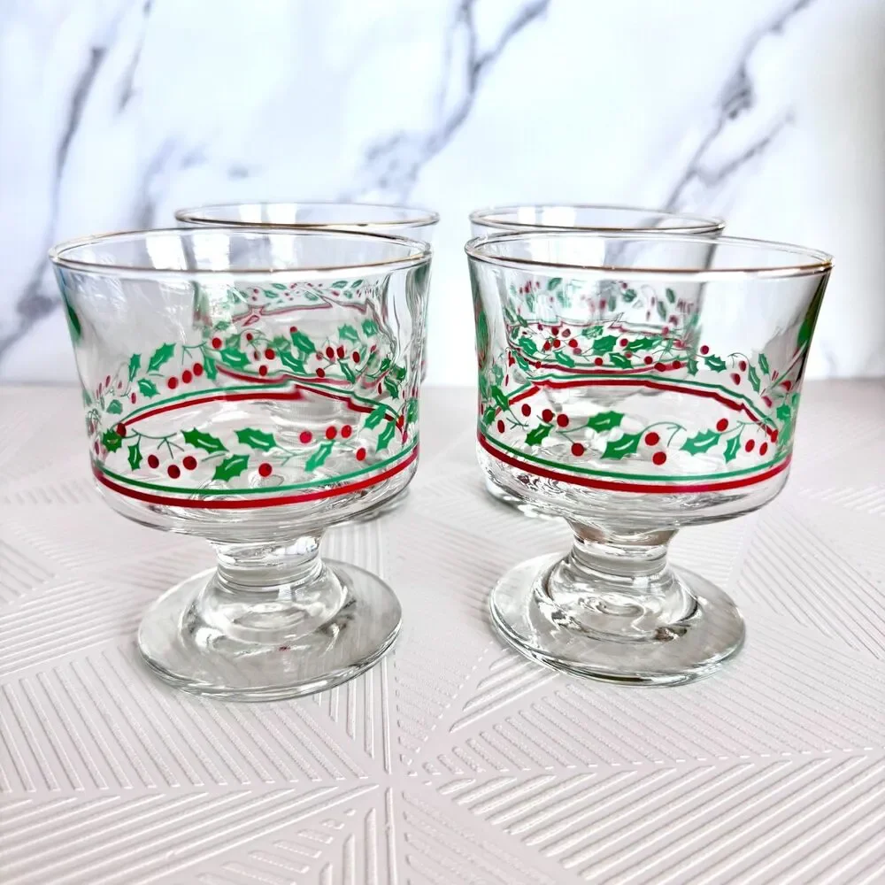 Set Of 4 Vintage Arby’s Libbey Holly Berry Sherbet Dessert Dishes Glasses 4